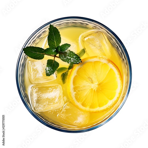 there is a glass of lemonade with ice cubes and a mint leaf