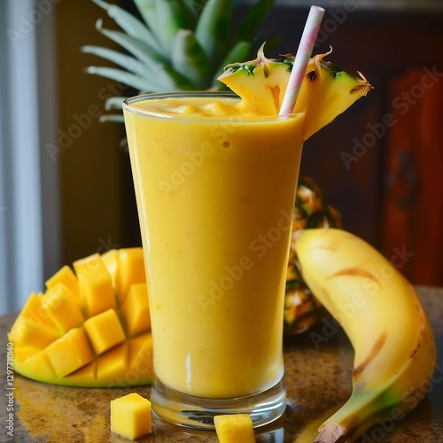 there is a glass of fruit juice with a straw and a banana