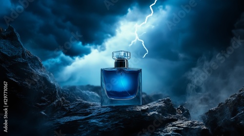 A glass perfume bottle glowing in the dark, framed by a powerful storm over the endless ocean.

