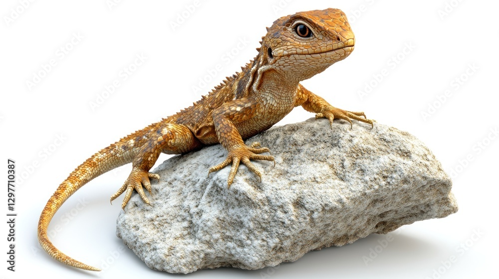 Naklejka premium Lizard resting atop rock; on white background, studio shot. Reptile portrait