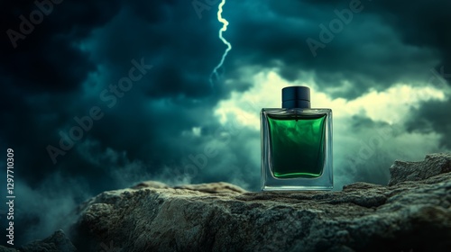 A green perfume bottle resting in perfect stillness, while nature’s storm rages over the turbulent waters.
