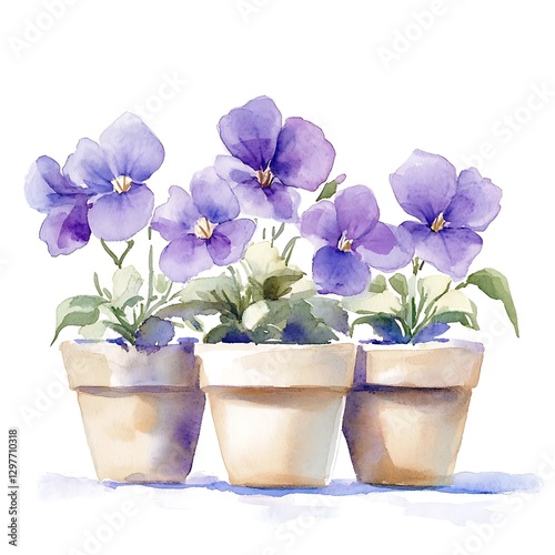 there are three pots with purple flowers in them on a table