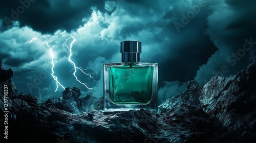 A green perfume bottle resting in perfect stillness, while nature’s storm rages over the turbulent waters.
