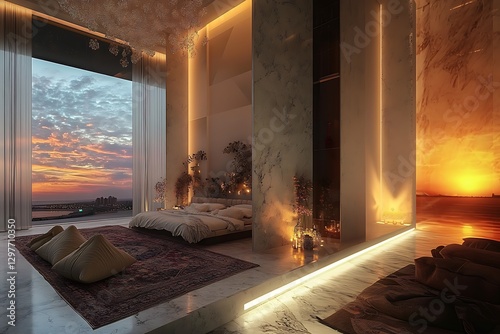 there is a bedroom with a large bed and a large window