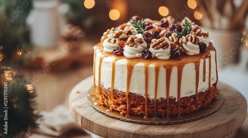 there is a cake with white frosting and nuts on top