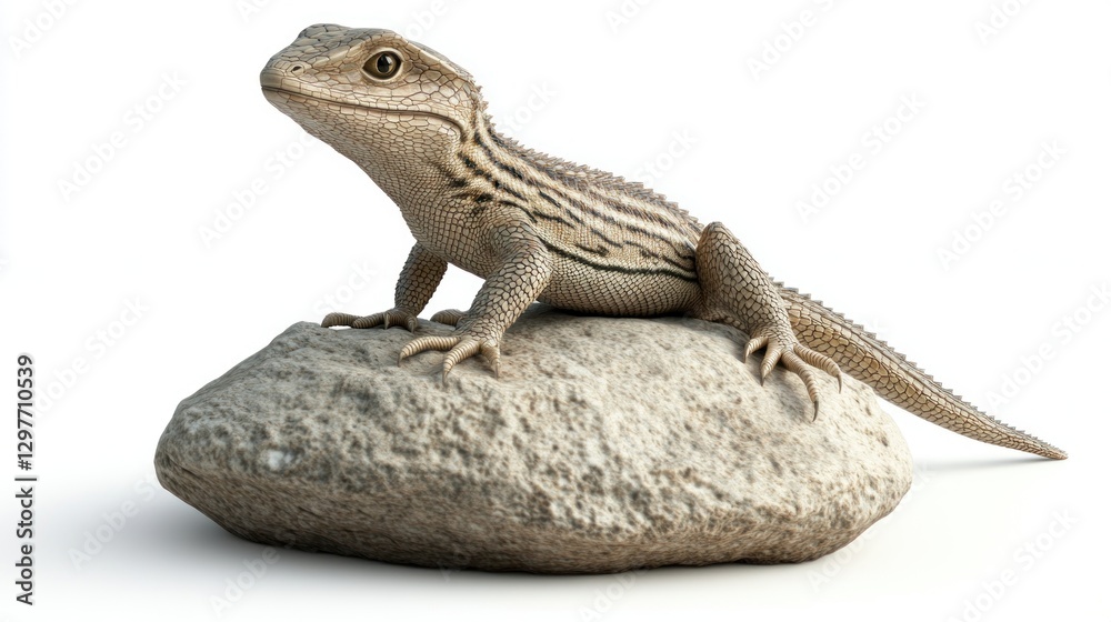Naklejka premium Lizard resting. Reptile sitting on a rock in a bright white studio