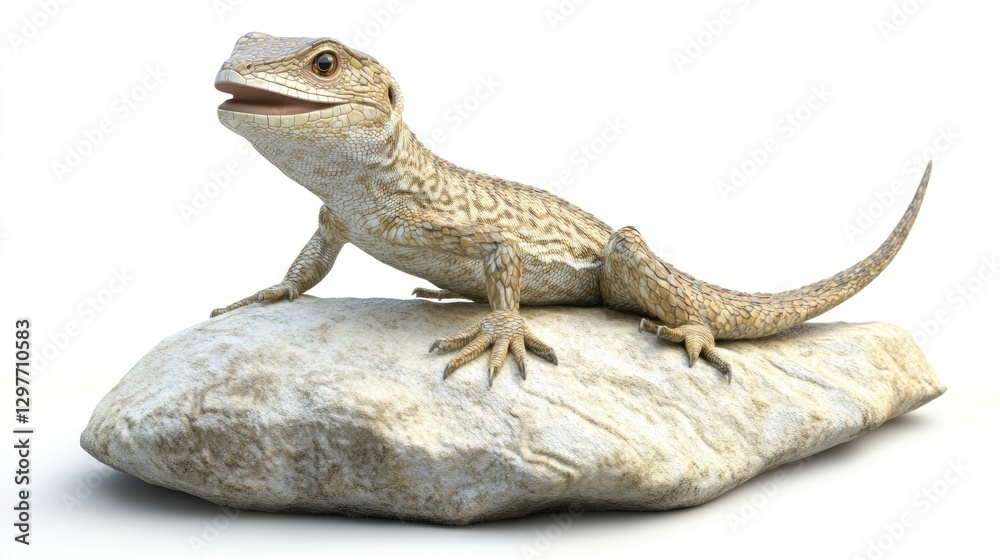 Naklejka premium Lizard basking on rock, white background. Scaly skin, curious expression, relaxed pose