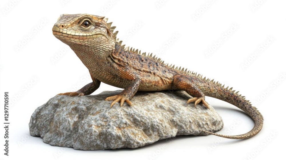 Reptile resting. Spiny lizard posed on rock against plain white backdrop. Neutral lighting Reptile resting. Spiny lizard posed on rock against plain white backdrop. Neutral lighting
