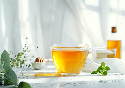 there is a cup of tea with a honey and mint on the table