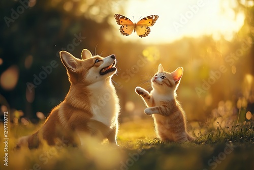 there are two cats playing with a butterfly in the grass