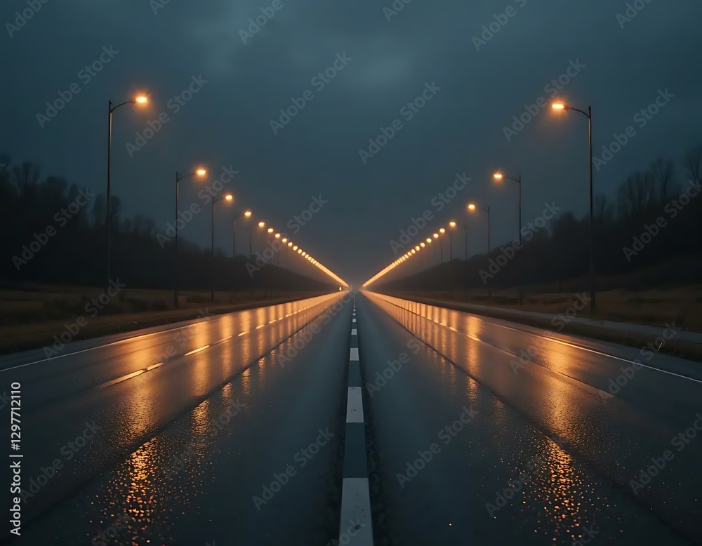 Fototapeta premium Endless Highway at Night with Street Lights Reflecting on Wet Asphalt