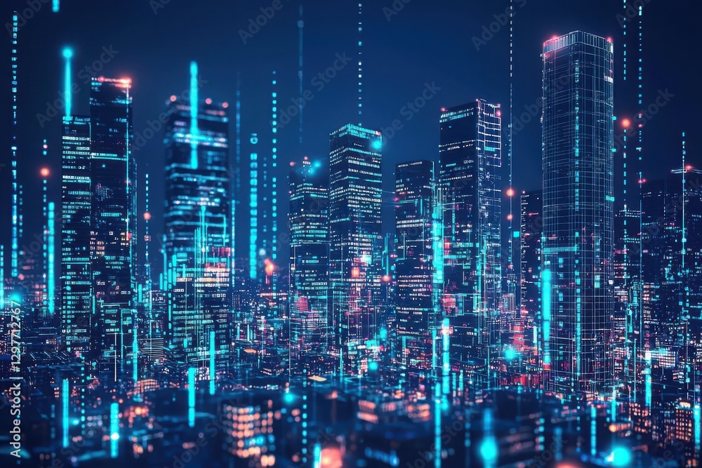 Futuristic Cityscape at Night with Neon Lights and Data Streams Futuristic Cityscape at Night with Neon Lights and Data Streams