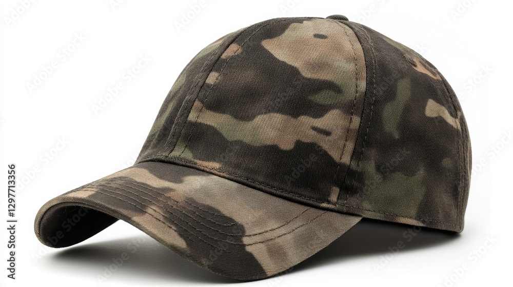 Fototapeta premium Camouflage baseball cap on white backdrop showcasing military pattern and outdoor adventure style perfect for fashion and sports enthusiasts