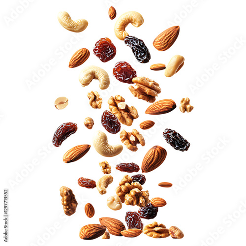assorted nuts and dried fruits falling isolated on transparent and white background photo