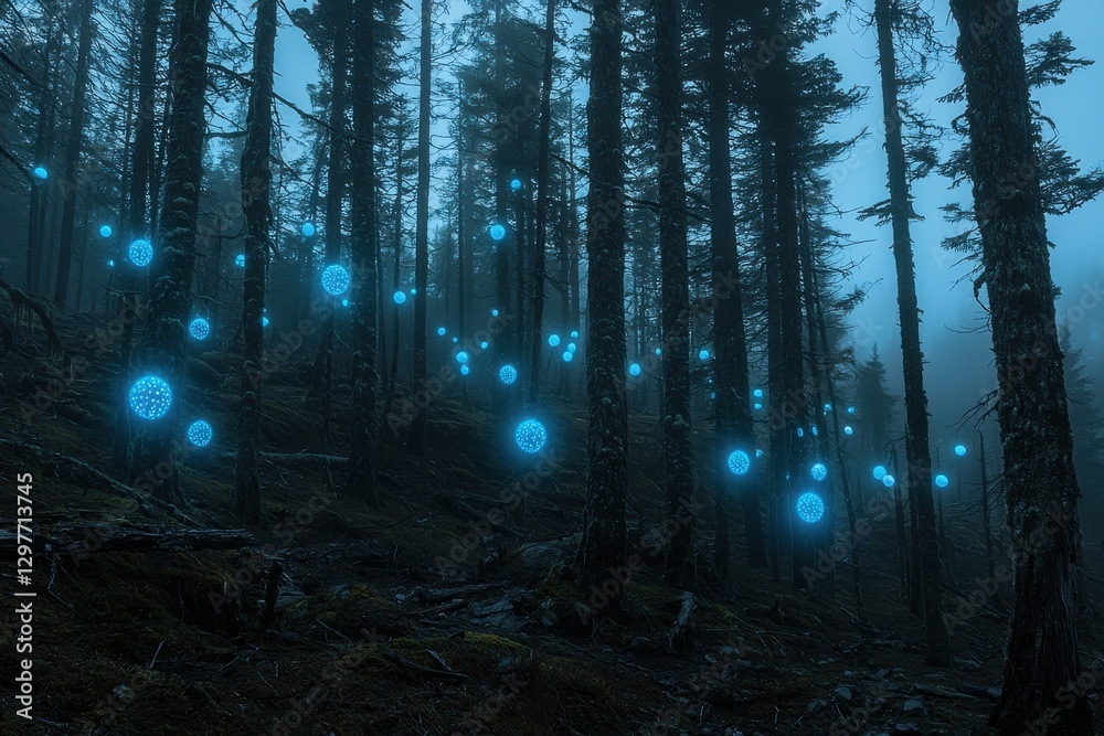 Fototapeta premium Enchanted Forest with Blue Glowing Orbs Surrounded by Misty Trees