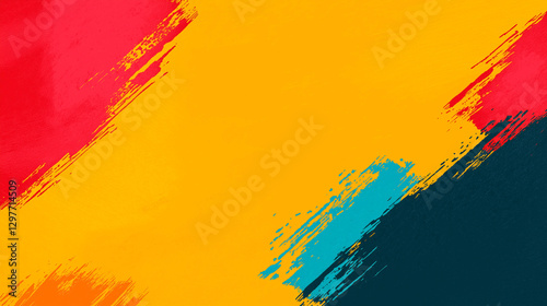 Vibrant asymmetrical abstract background with bold brush strokes in red, yellow, and teal, creating dynamic and energetic visual effect