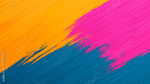 Vibrant abstract background featuring bold strokes of orange, pink, and teal paint, creating dynamic and energetic visual effect. Perfect for artistic projects