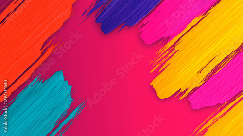 Bright and vibrant abstract background featuring bold brush strokes in orange, pink, yellow, and turquoise, creating lively and energetic atmosphere