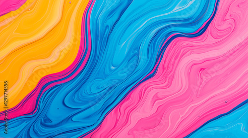 Vibrant abstract fluid art with smooth waves of blue, pink, and yellow colors creating dynamic and energetic composition