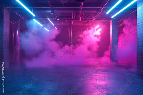 Neon Glowing Lights Purple Pink Blue Smoke Industrial Underground Room Dark Concrete Columns Futuristic Sci Fi Vaporwave Synthwave Background Design  