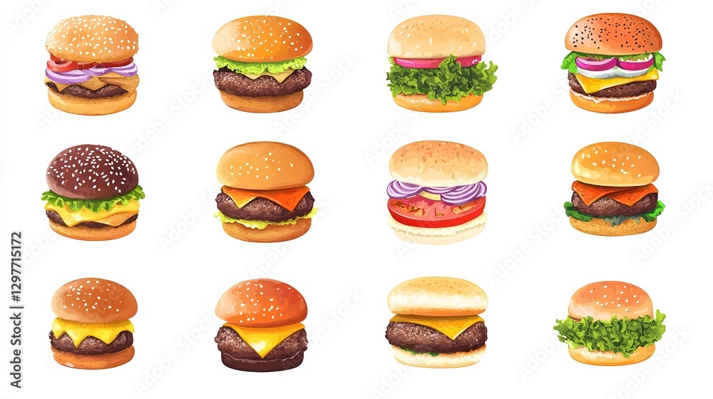 A grid layout illustration featuring various colorful burger sets, each with a spicy twist and smoke rising from them. The design highlights the vibrant and flavorful appeal of these burgers A grid layout illustration featuring various colorful burger sets, each with a spicy twist and smoke rising from them. The design highlights the vibrant and flavorful appeal of these burgers