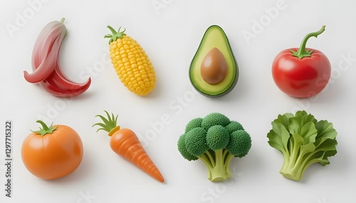 Fresh 3D Rendered Vegetables: Colorful and Playful Still Life Featuring Healthy Food Choices on a Clean White Background, Ideal for Nutrition Concepts.
