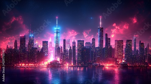 Neon city skyline at night, vibrant colors, urban scene, perfect for backgrounds or posters