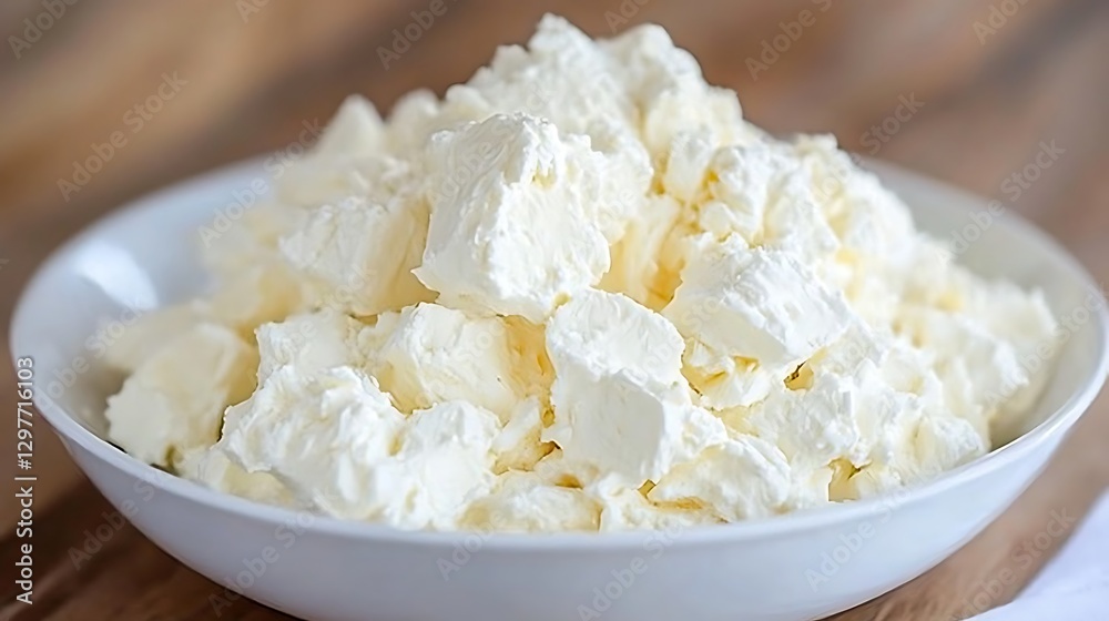 Fresh cheese pile in a bowl for breakfast at home Fresh cheese pile in a bowl for breakfast at home