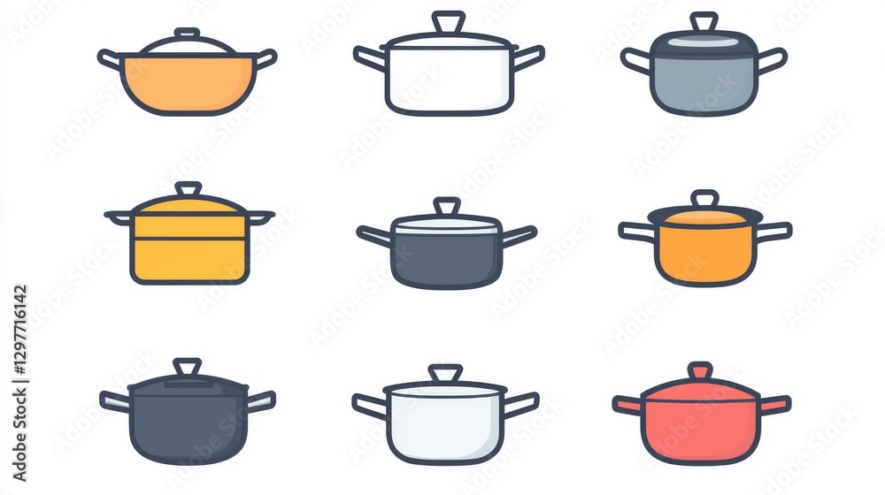 Fototapeta premium 40.A collection of kitchen pot icons in vector format, showcasing a mix of simple line drawings, detailed flat designs with shading, and monochrome silhouettes, each styled distinctly for versatile