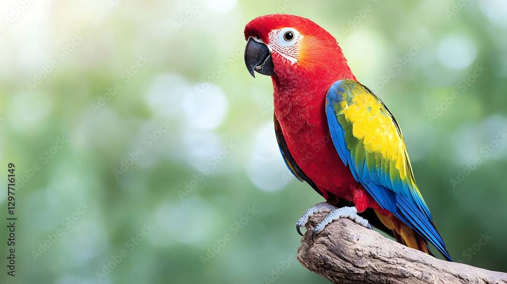 Obraz premium Vibrant scarlet macaw perched on a wooden branch in a tropical forest during daytime.