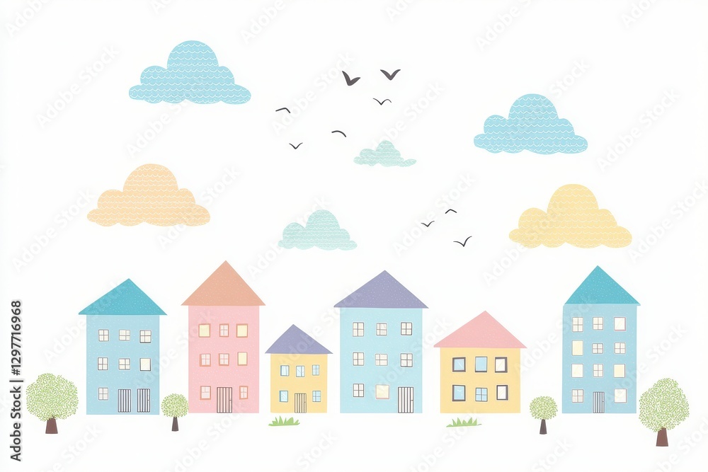 Fototapeta premium Colorful Illustrated Houses with Clouds and Birds in a Bright Scene