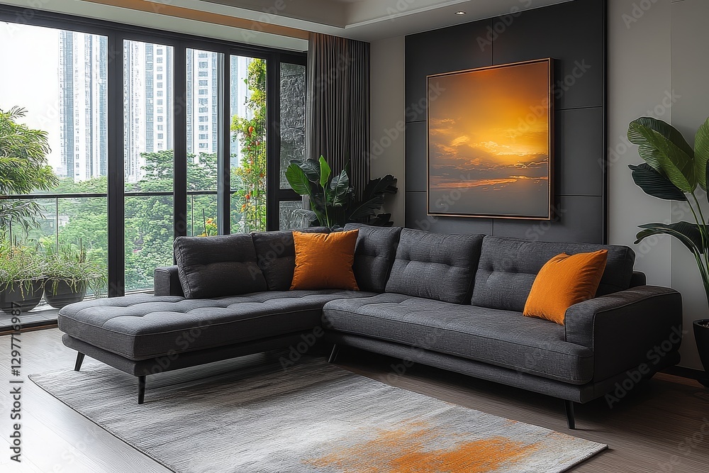 Fototapeta premium Dark gray fabric three-seater sofa with chaise longue, luxurious velvet material, European and American-style metal legs, and carpeted floor with dawn light through French windows.