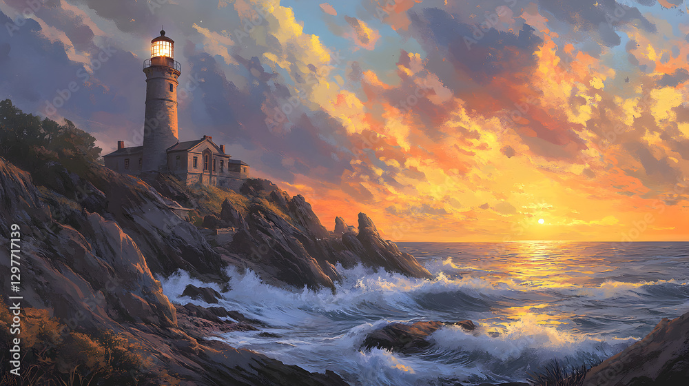 lighthouse perched on a rocky coast, with waves crashing below and a beautiful sunset in the background lighthouse perched on a rocky coast, with waves crashing below and a beautiful sunset in the background
