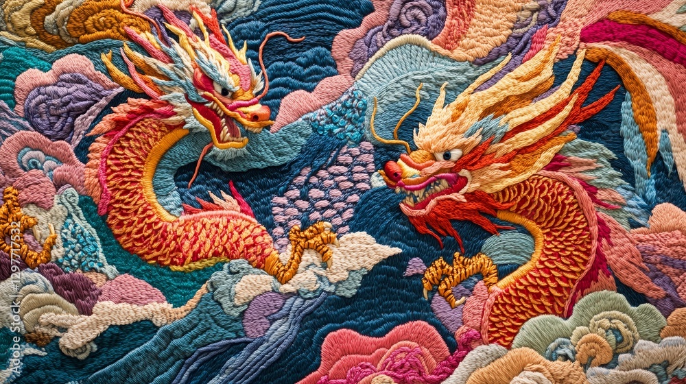 custom made wallpaper toronto digitalDouble Dragon Play Pearl Embroidery Art