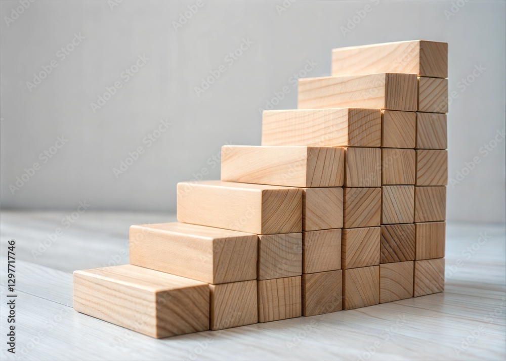 Wooden Blocks Stacked in a Staircase Pattern Representing Growth Wooden Blocks Stacked in a Staircase Pattern Representing Growth