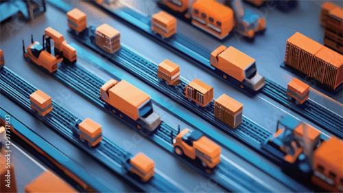High-angle, close-up view of a miniature 3D rendering depicting a logistics network. The scene is composed of small-scale models of trucks, forklifts, and cargo containers arranged along parallel