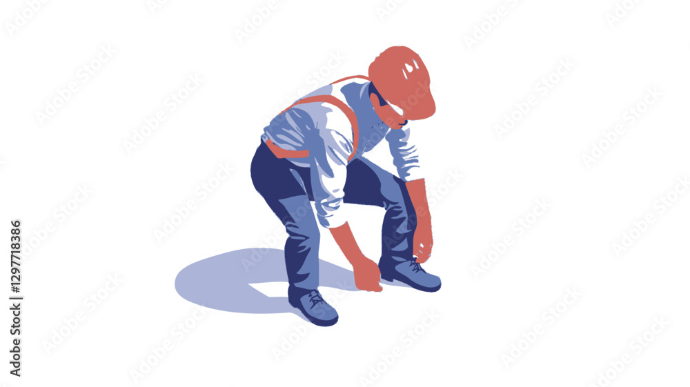Isometric illustration of a construction worker wearing a hard hat and suspenders, crouching down to examine the ground. The worker is depicted in a detailed style, with visible folds in the