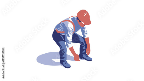 Isometric illustration of a construction worker wearing a hard hat and suspenders, crouching down to examine the ground. The worker is depicted in a detailed style, with visible folds in the