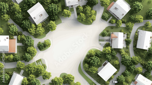 The image is a digitally rendered overhead, bird's-eye view of a suburban residential area.  The scene shows numerous houses and buildings interspersed with abundant green trees and landscaping.