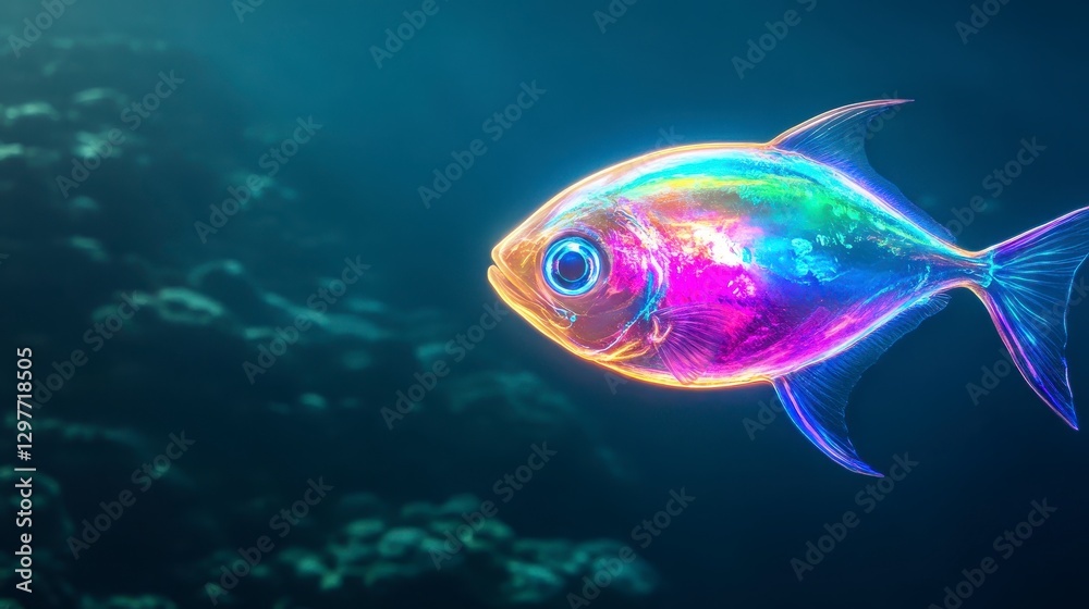 Naklejka premium Vibrant Rainbow Fish Glowing Underwater in Serene Ocean Depths