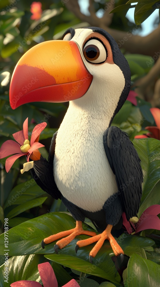 Fototapeta premium Adorable Cartoon Toucan Holding Flower Among Lush Green Leaves