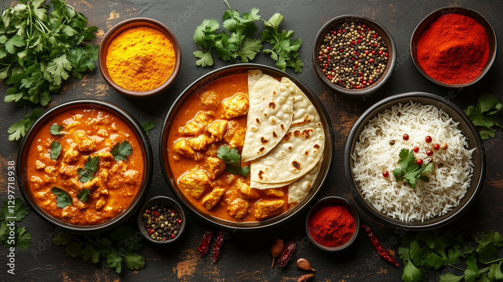 Flat Lay of Indian Cuisine with Spices on Rustic Wooden Table Flat Lay of Indian Cuisine with Spices on Rustic Wooden Table