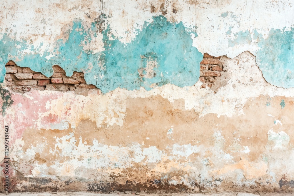 Fototapeta premium Textured Wall with Peeling Paint and Exposed Brick in Pastel Colors