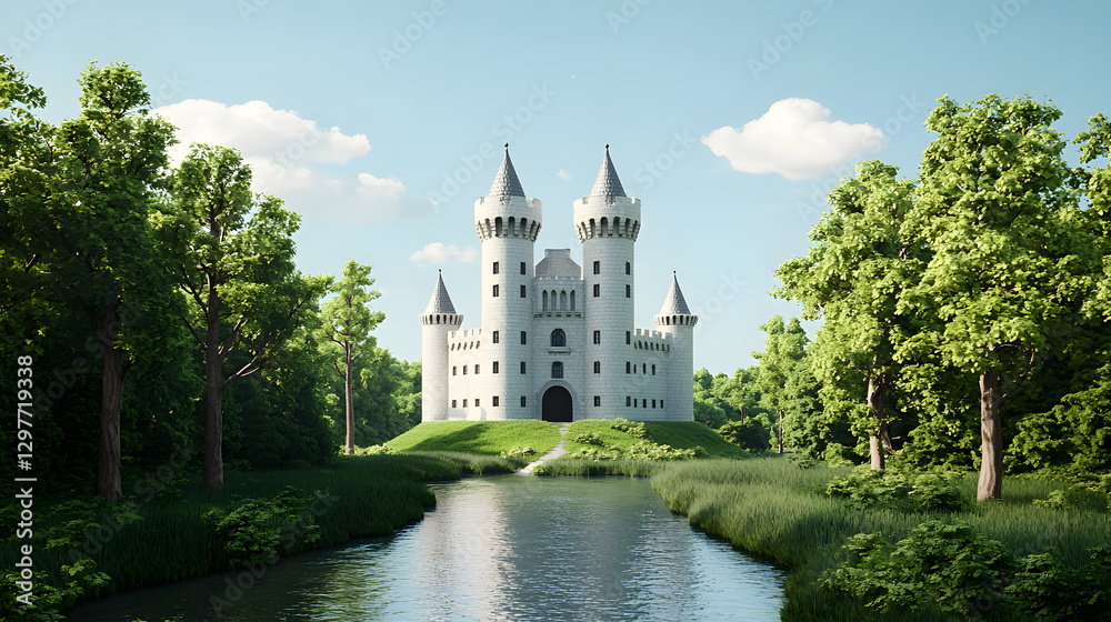 Fototapeta premium Majestic White Castle Surrounded by Lush Greenery and Reflections in a Serene River