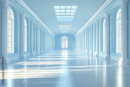 White empty room with soft lighting and light blue and white color scheme, professional high-resolution image with sharp focus and studio background.