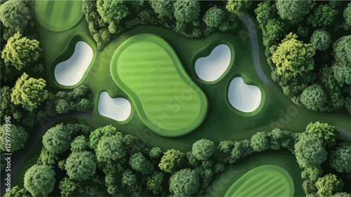 The image is an overhead, aerial shot of a golf course putting green. The putting green is a vibrant, lush green, with distinct lines indicating its surface texture.  Surrounding the putting green