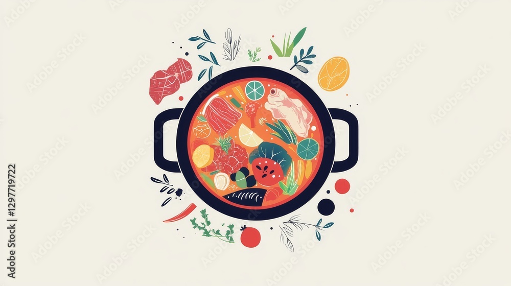 Fototapeta premium 100.A playful and colorful vector graphic of a shabu-shabu hot pot, with bubbling broth inside a round pot and an assortment of vegetables and meats placed around it, designed in a flat minimalist
