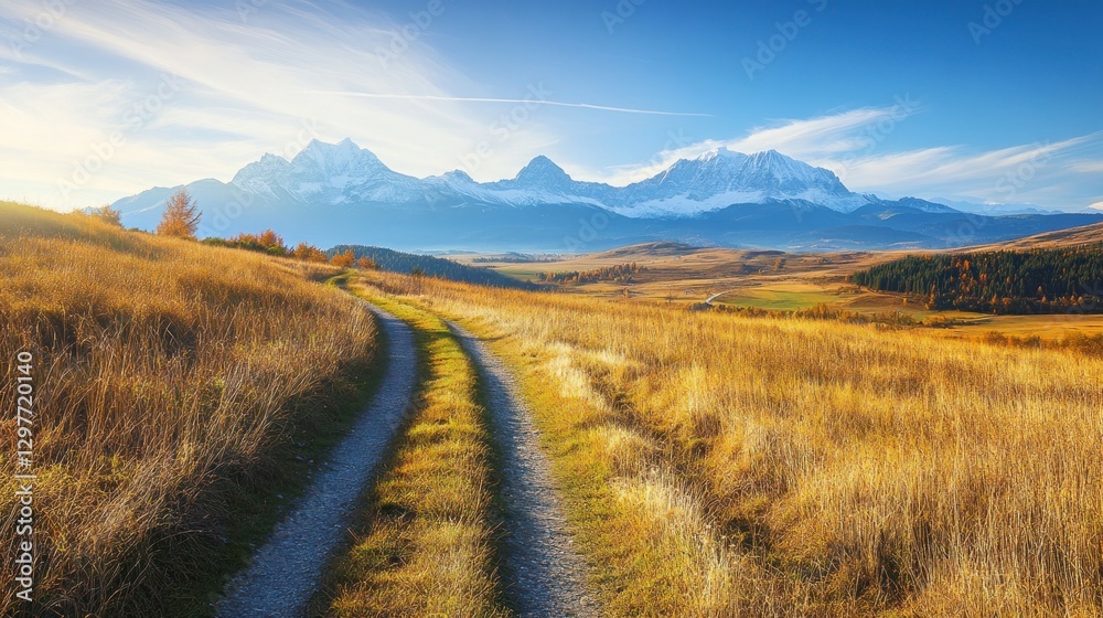 Hiking path leads to distant snow-capped mountains through golden grassland under sunny, blue skies Hiking path leads to distant snow-capped mountains through golden grassland under sunny, blue skies