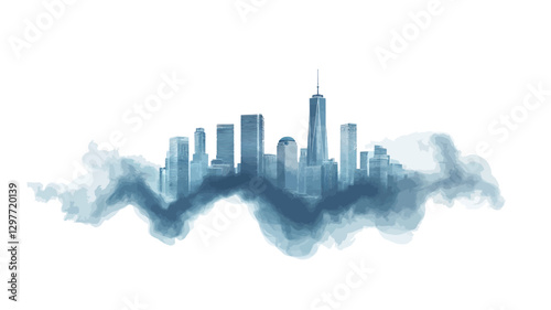 Digital illustration depicting a stylized cityscape emerging from or nestled within a cloud formation.  The city is rendered in shades of blue and grey, with varying heights of buildings suggesting