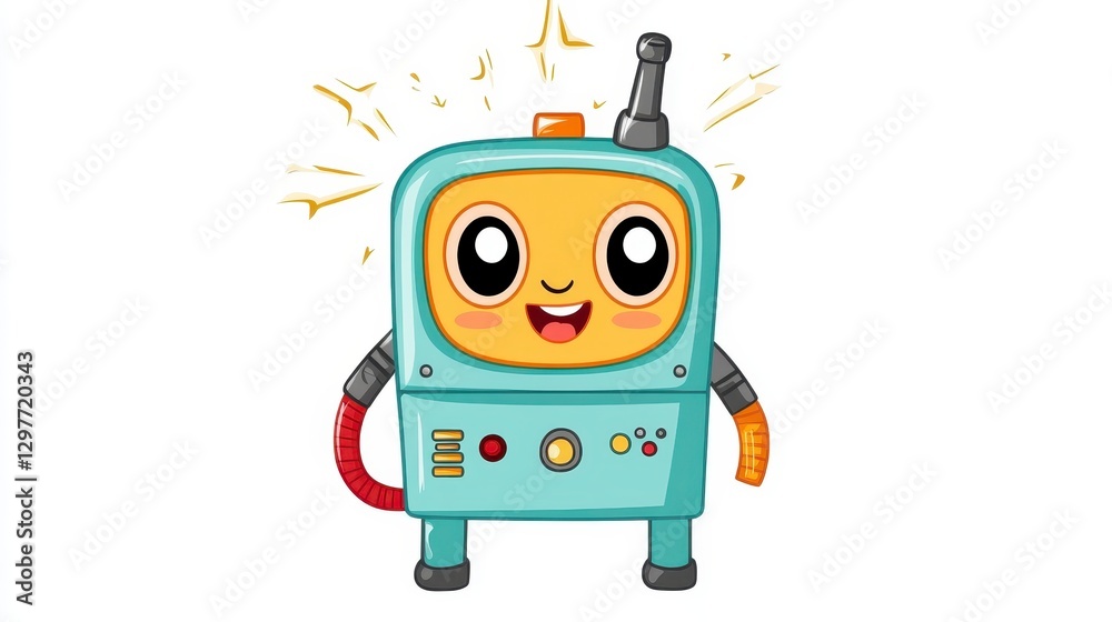 Friendly Cartoon Robot Character with Bright Smile and Antenna Friendly Cartoon Robot Character with Bright Smile and Antenna